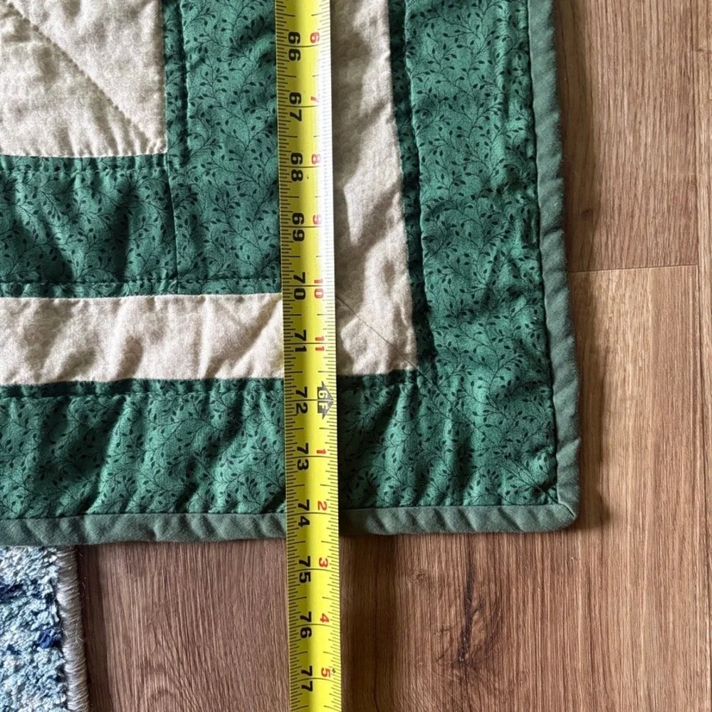 Vtg Hand Stitched Maple Leaf Patchwork Quilt Green Cream 75x75 Farmhouse Country